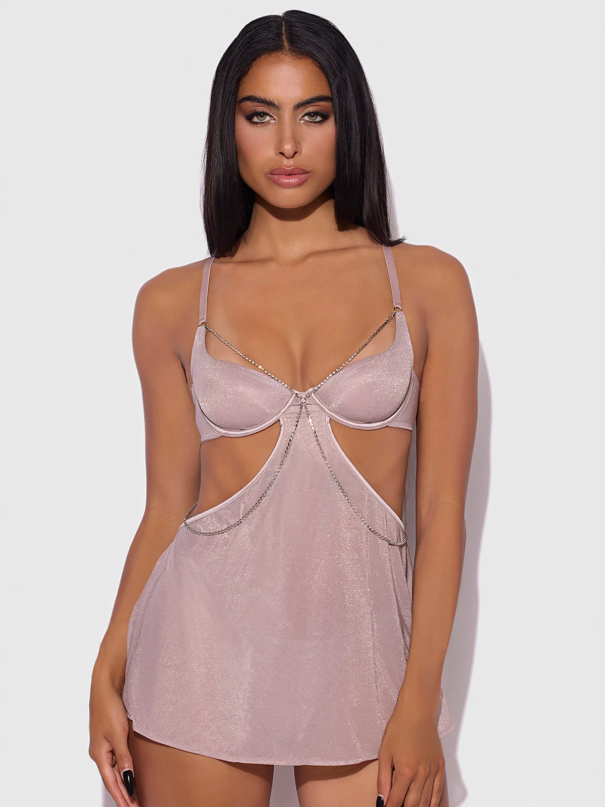 Pia Shine Mesh & Rhinestone Side Cutout Babydoll Set - Image 2