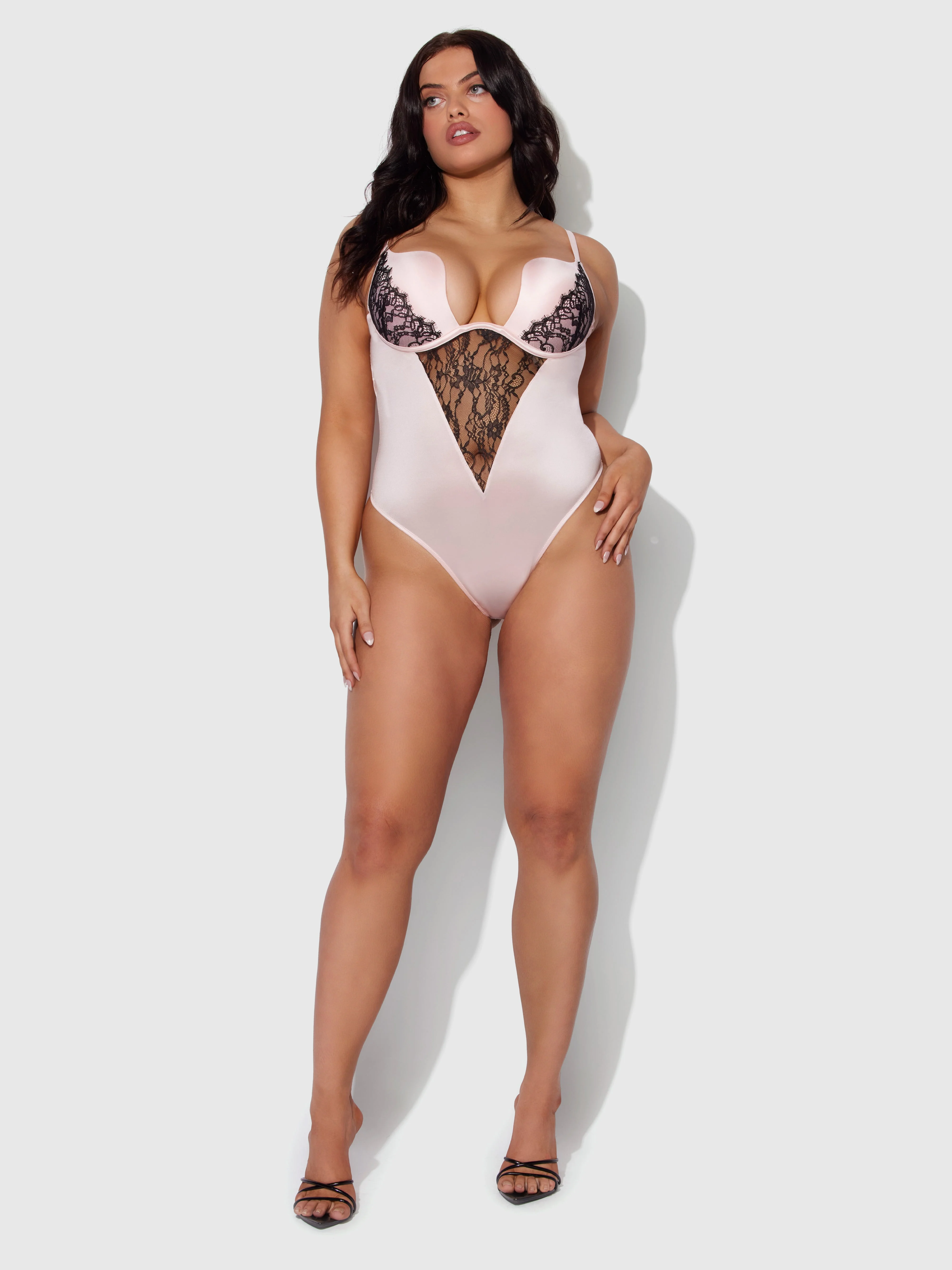 Rising Star Plunge Push Up Bodysuit in Liquid Satin & Lace - Image 8