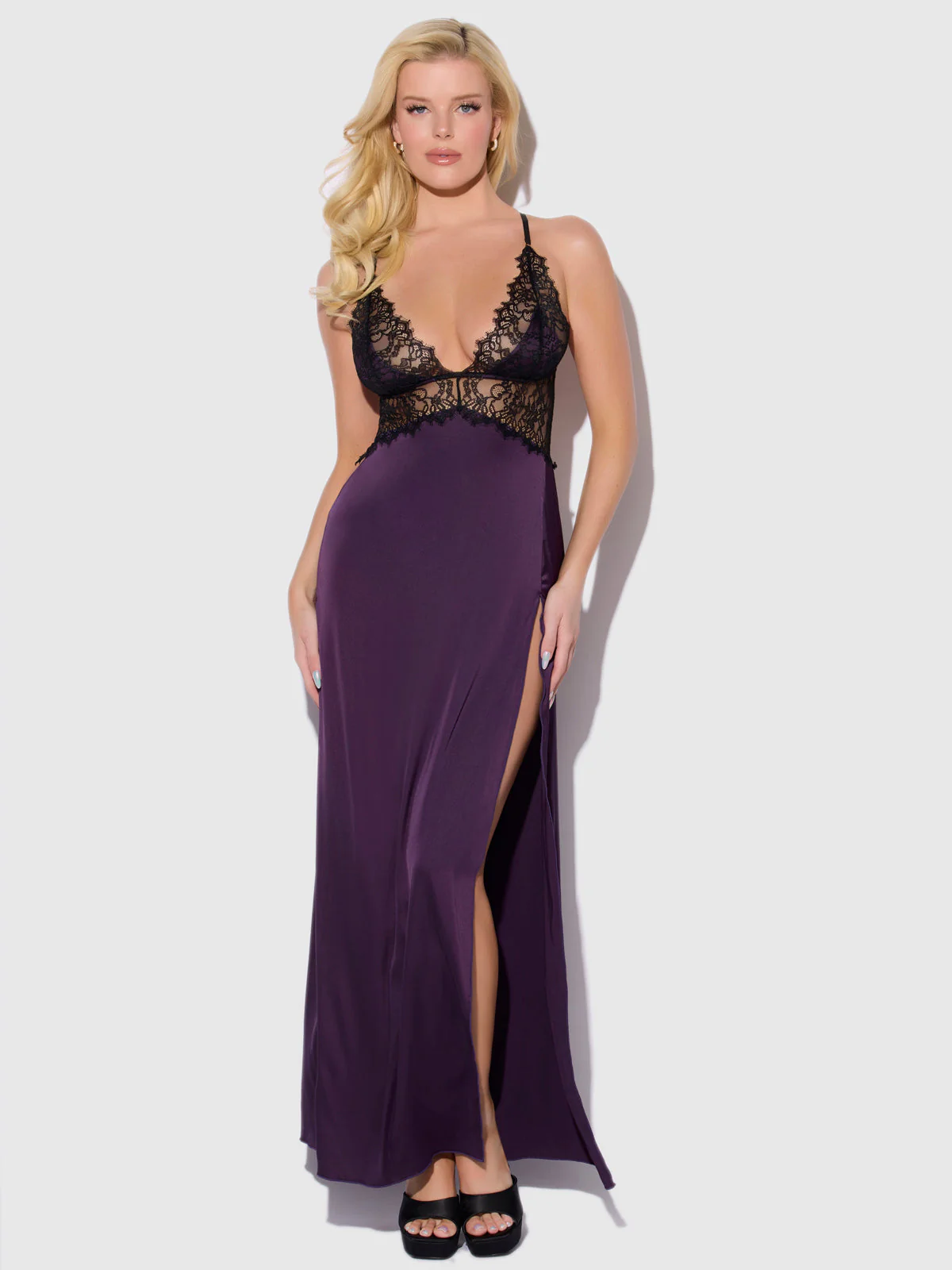 Rosalind Satin & Lace Long High Slit Gown - Image 2
