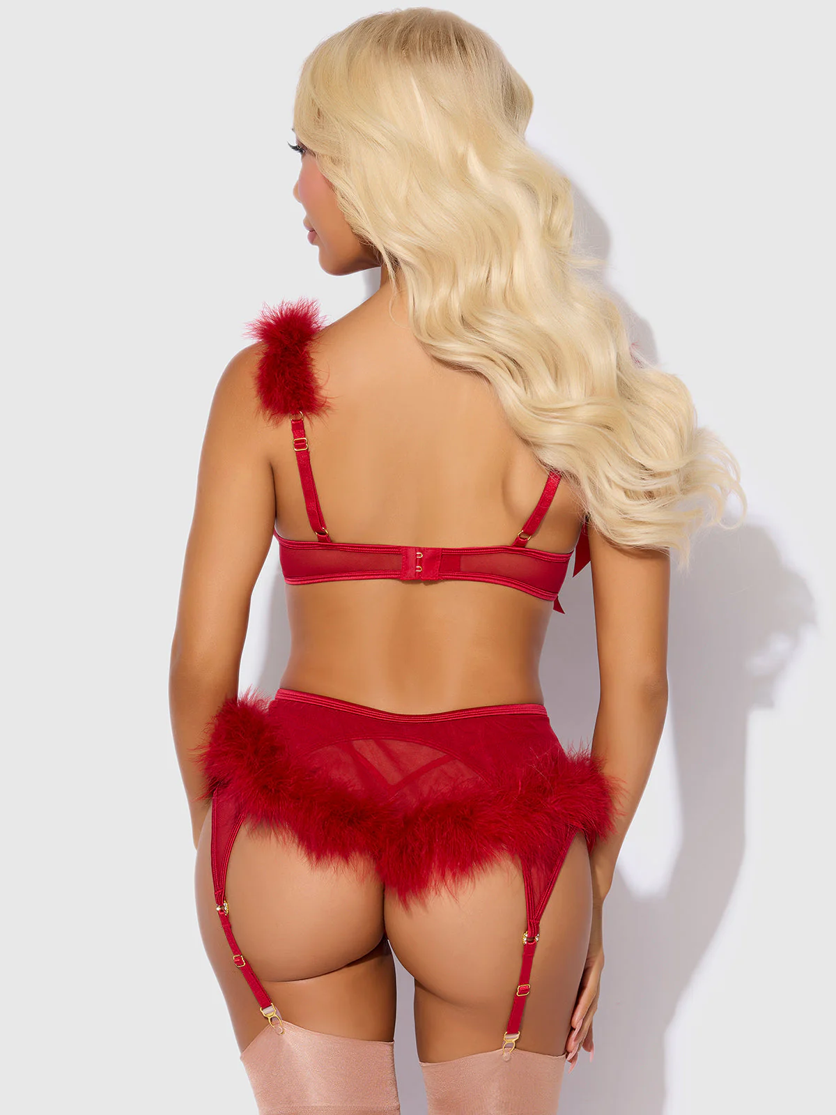 Scarlett Open Cup Marabou Bra, Garter & G-String Set - Image 2