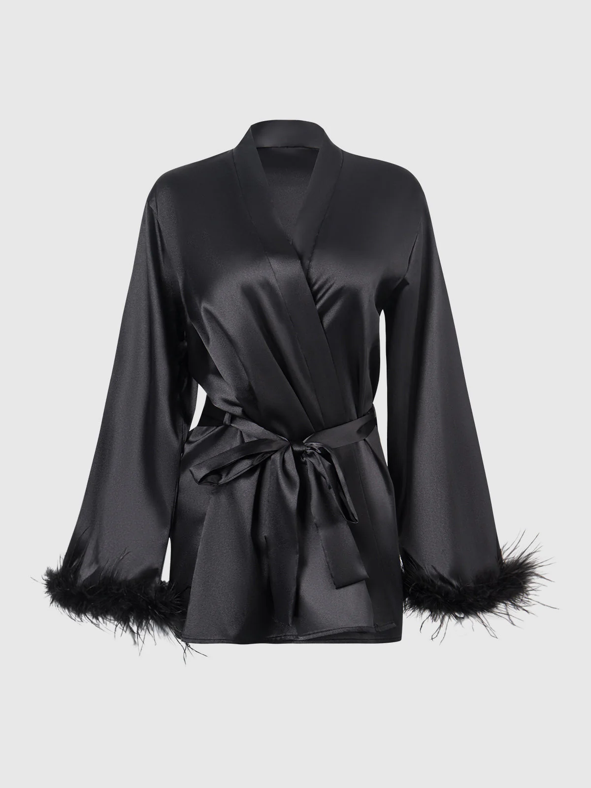 Scarlett Satin & Feather Trimmed Short Sleep Robe - Image 9