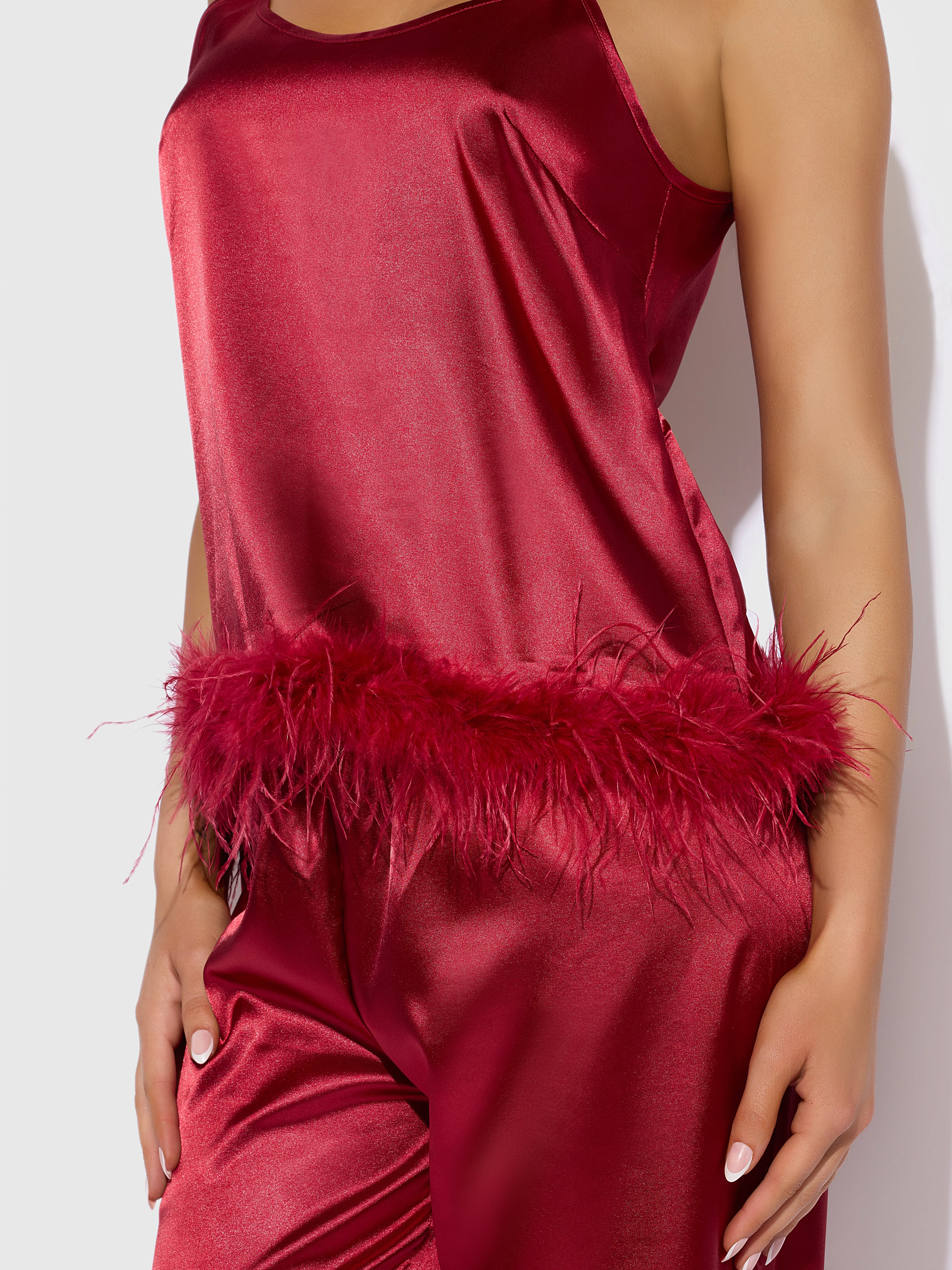 Scarlett Satin Sleep Cami & Long Pant With Feather Trim - Image 3